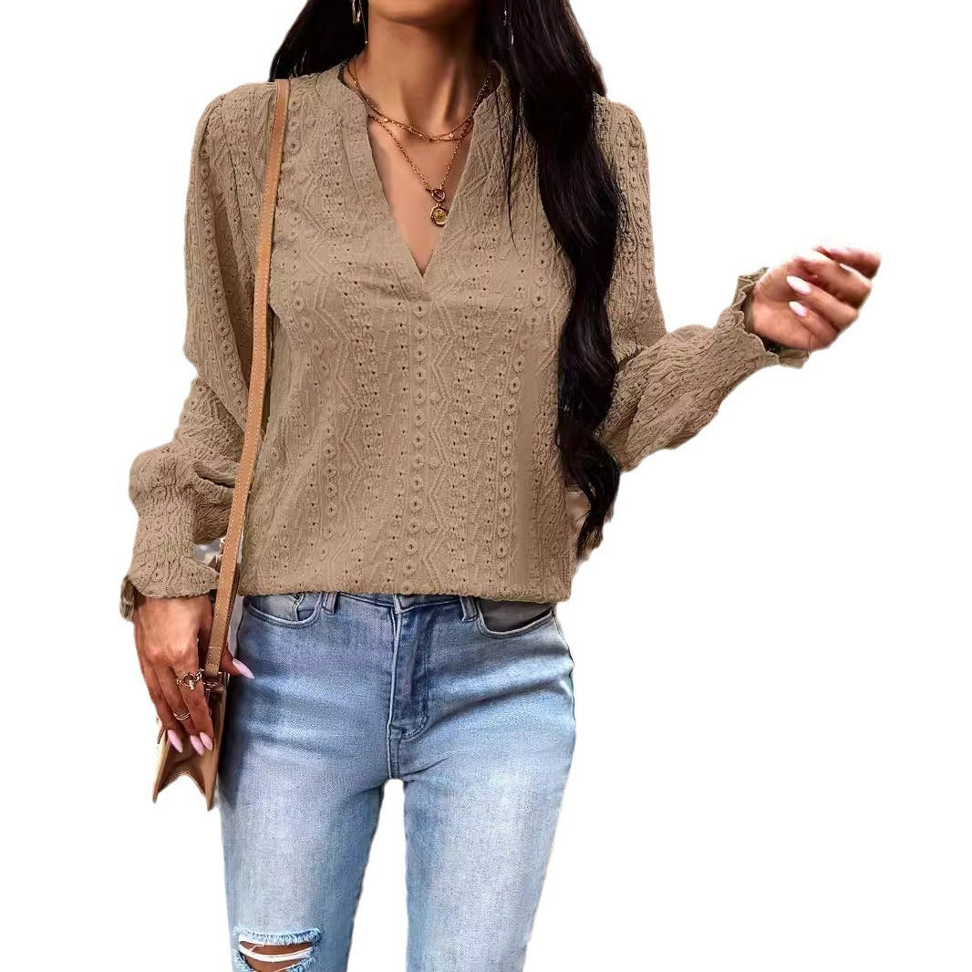 Long Sleeve V-neck Smocking Top