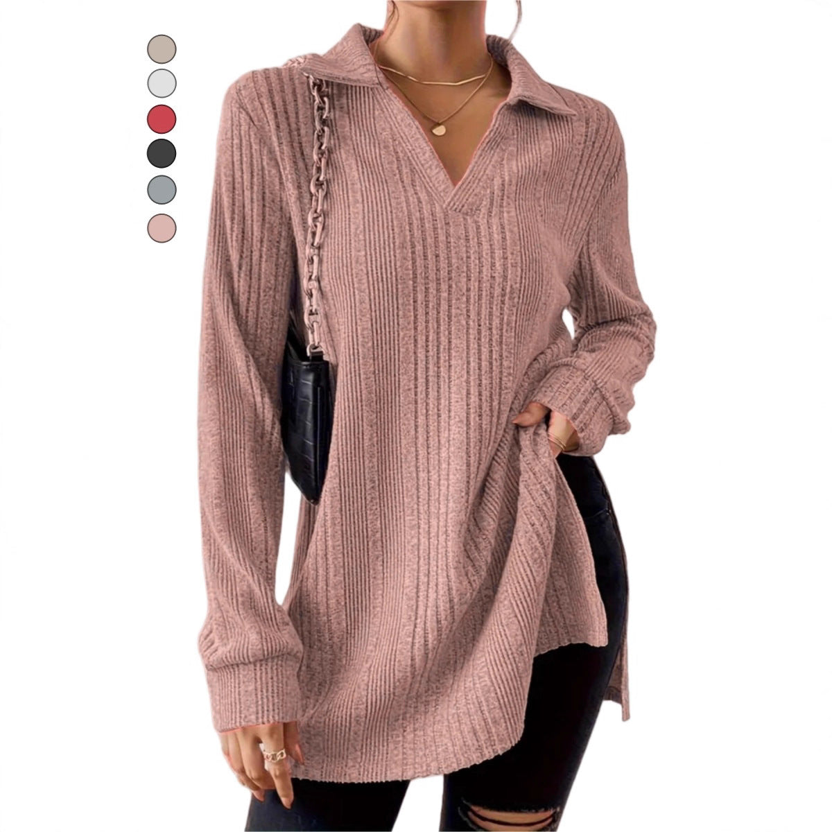 V-neck Reverse Collar Long-sleeve Pullover