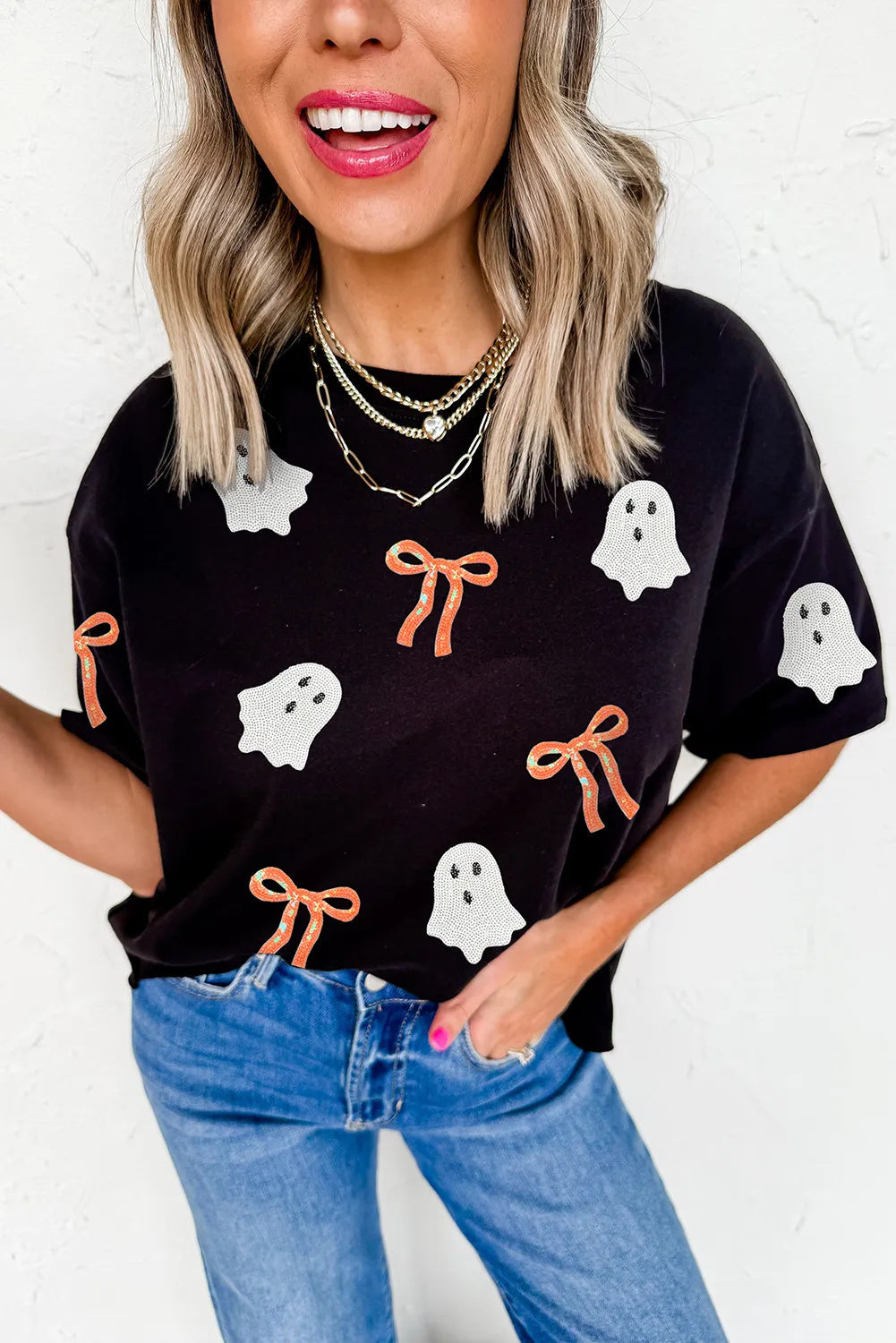 Black Sequin Bow Ghost Patched Graphic Tee