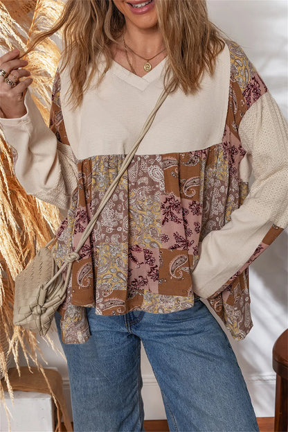 Beige Paisley Ethnic Print Contrast Patchwork Long Sleeve Loose Top