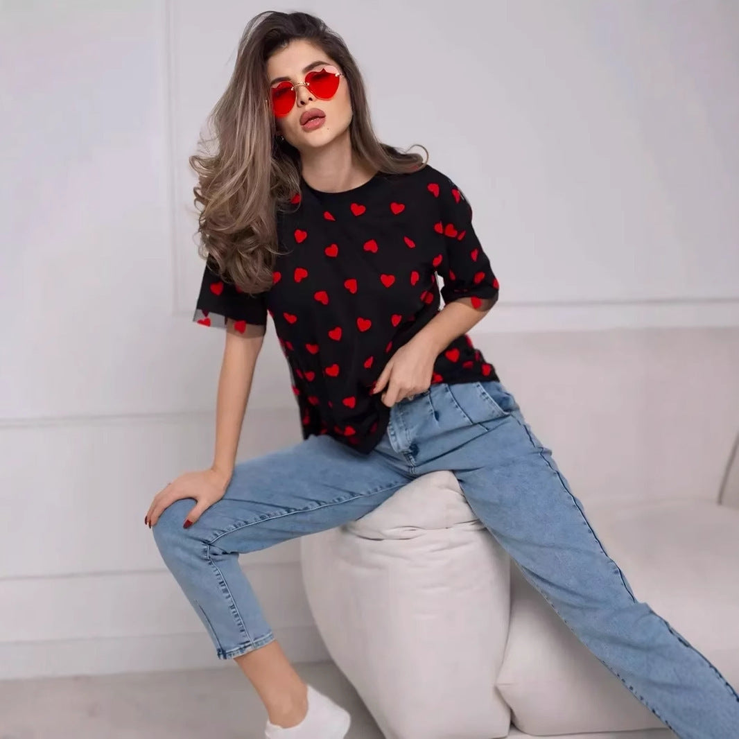 Love Mesh Stitching Loose Basic T-shirt