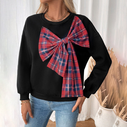 Round Neck Cashmere Plaid Bow Patchwork Sweater