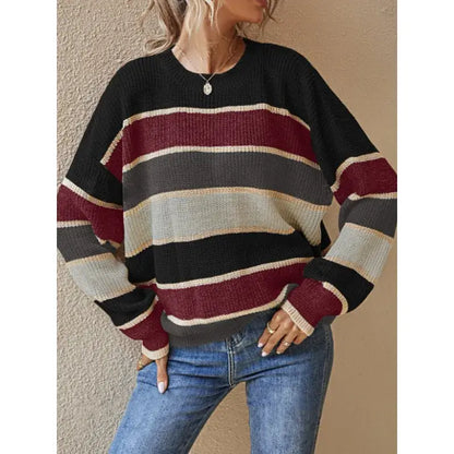 Drop-Shoulder Striped Color Block Sweater