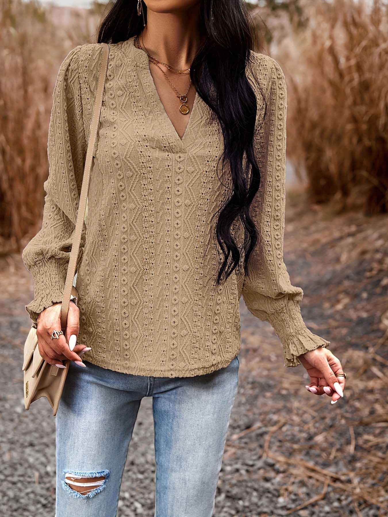 Long Sleeve V-neck Smocking Top