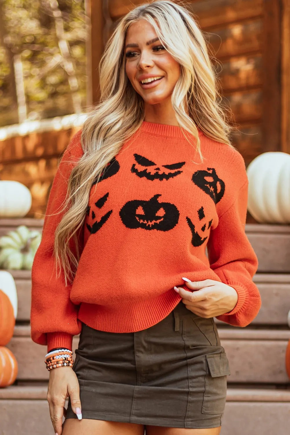 Pumpkin Face Pattern Drop Shoulder Sweater