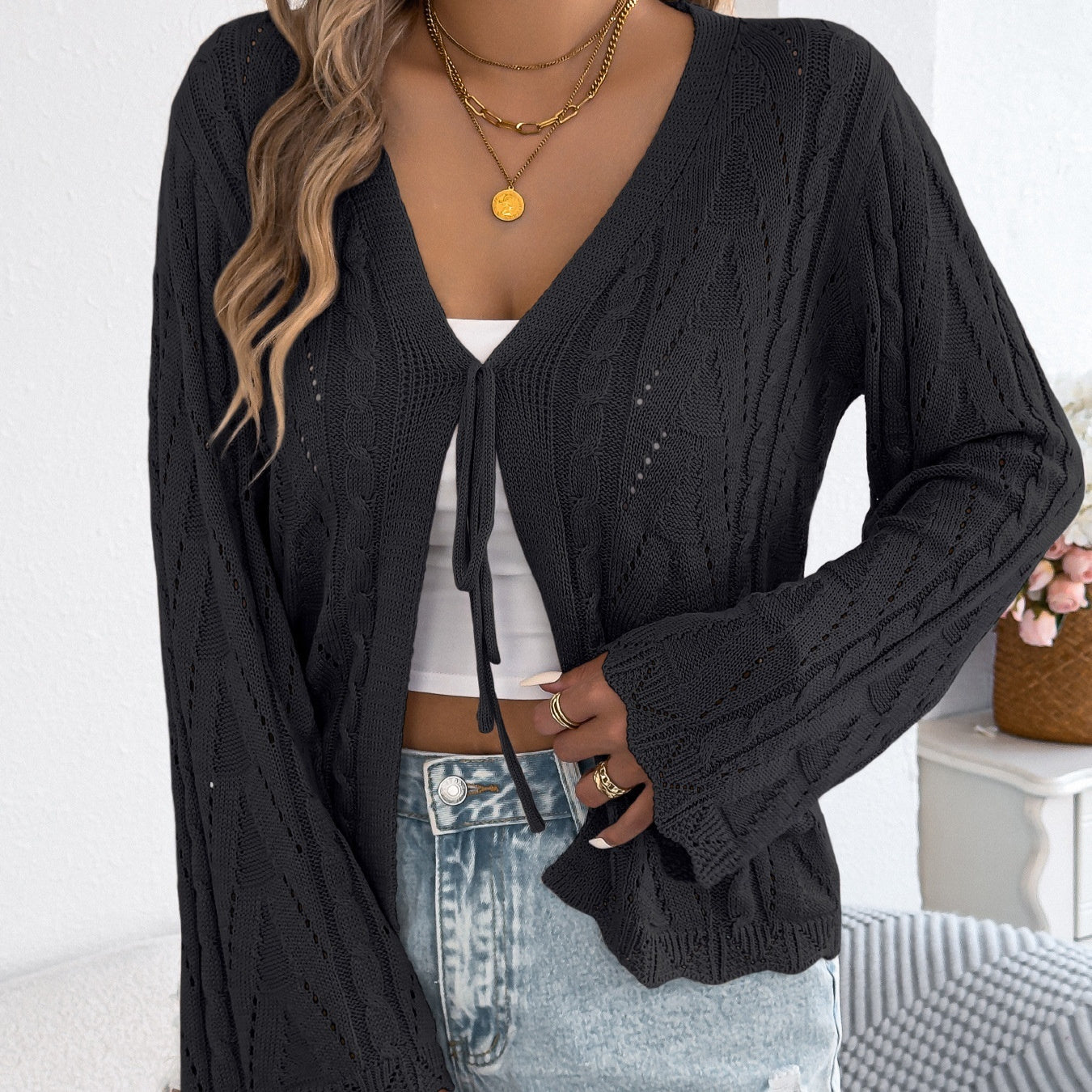 Hollow-out Lace-up Flared-sleeve Knit Top