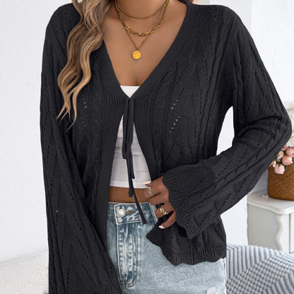 Hollow-out Lace-up Flared-sleeve Knit Top