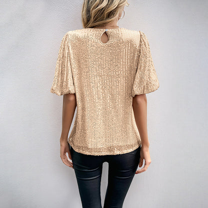 Bell Sleeve Round Neck Sequins T-shirt