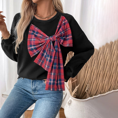 Round Neck Cashmere Plaid Bow Patchwork Sweater