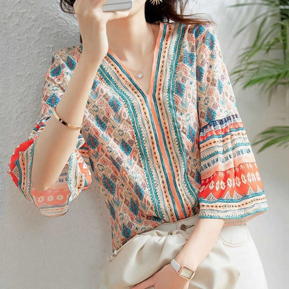 V-neck Loose Flare Three-quarter Sleeve Blouse