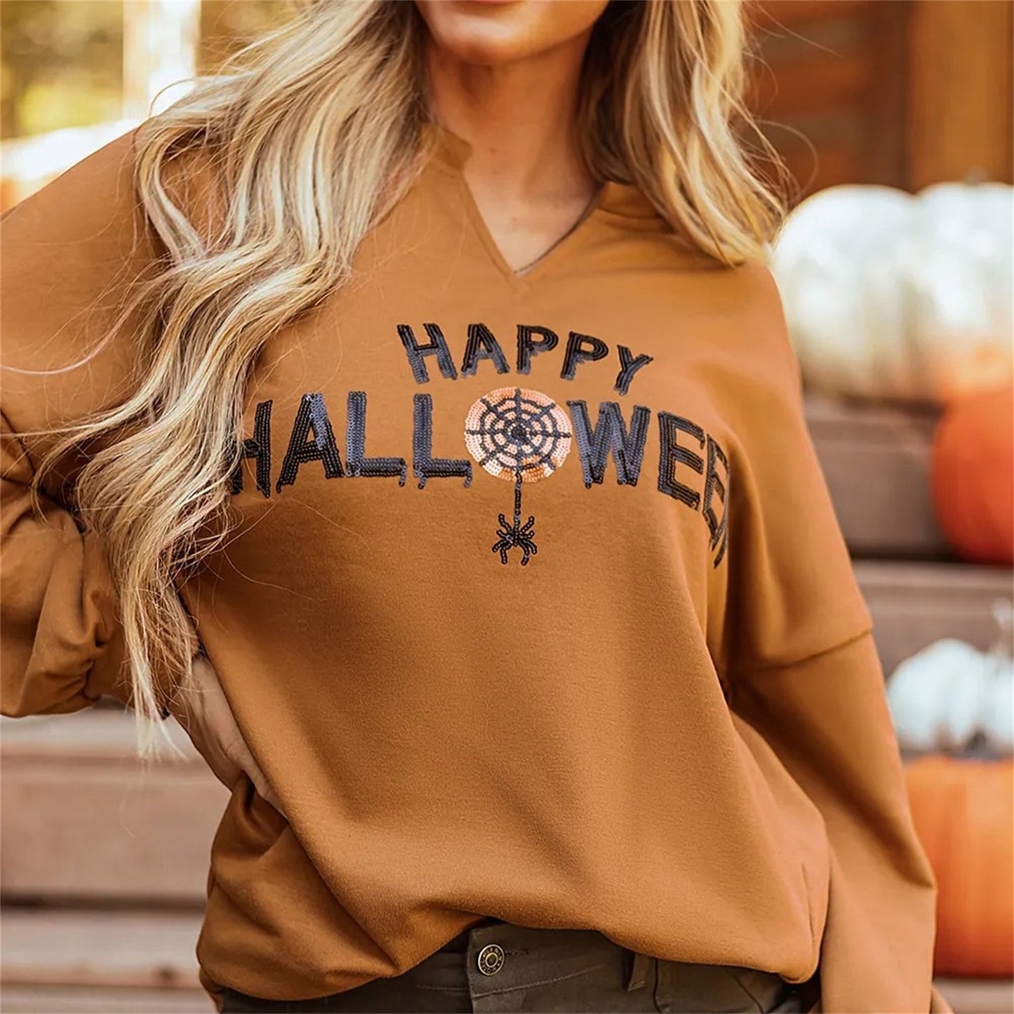 Chestnut Sequin Graphic Long Sleeve Loose Top