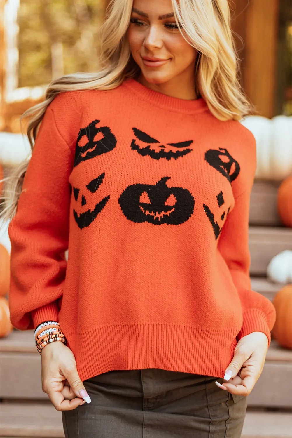 Pumpkin Face Pattern Drop Shoulder Sweater