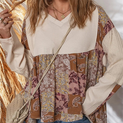 Beige Paisley Ethnic Print Contrast Patchwork Long Sleeve Loose Top